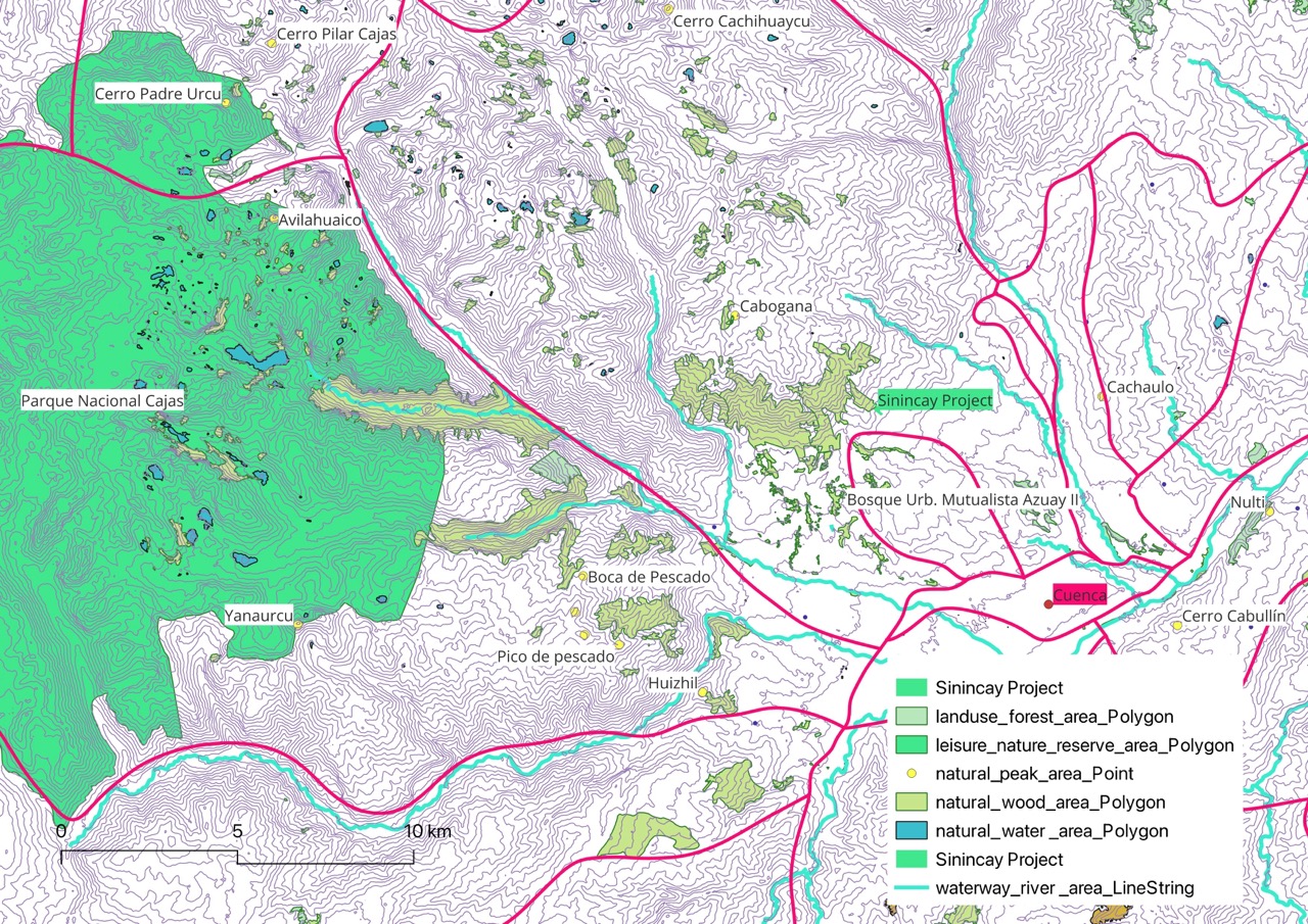 Zoomed map locating the Sinincay reforestation corridors